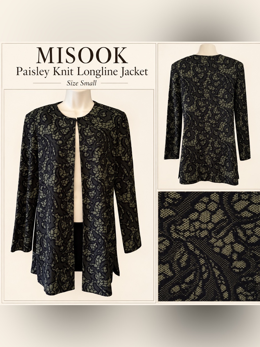 Misook Paisley Longline Knit Jacket Small Black Olive Green Hook Front Cardigan